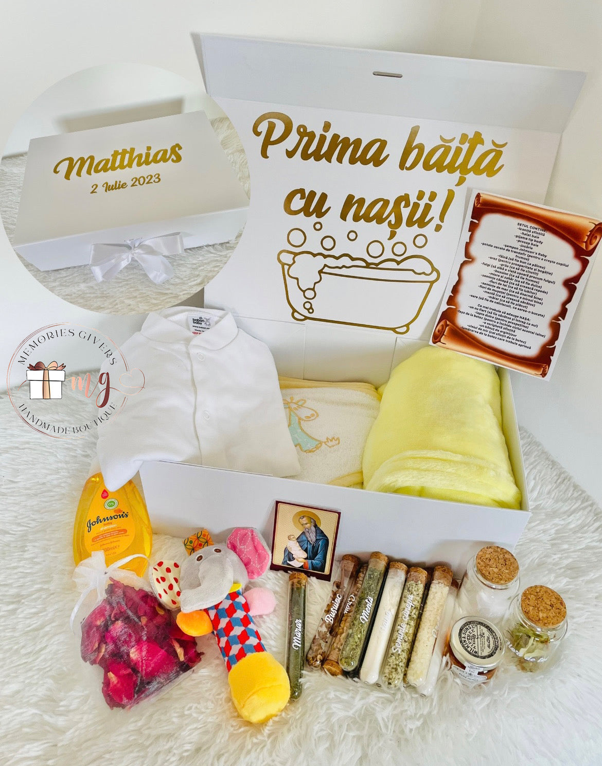 Set galben prima băiță după Botez cu hăinuțe personalizate sau simple