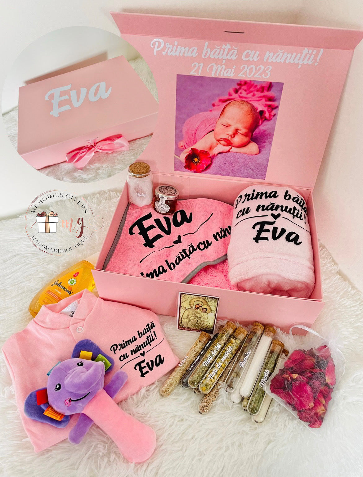 Set roz prima băiță după Botez cu hăinuțe personalizate sau simple
