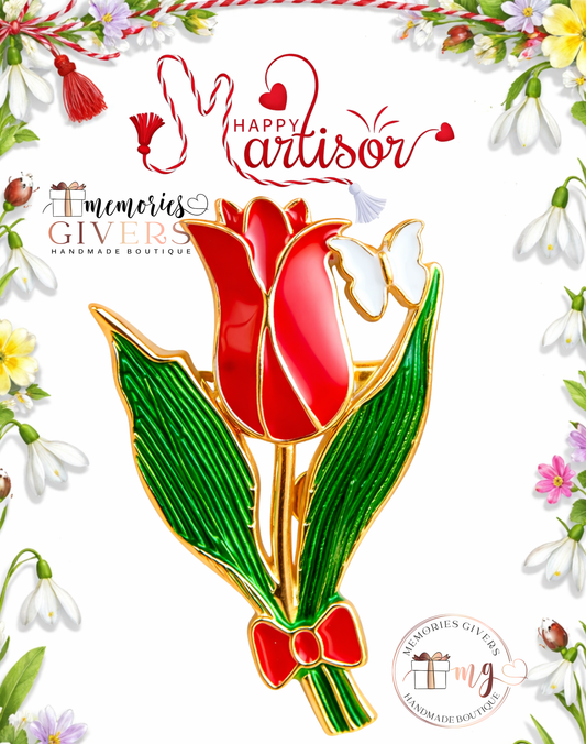 Broșă -LALEA ROȘIE- cu sau fără mesaj pe spate și ciocolată