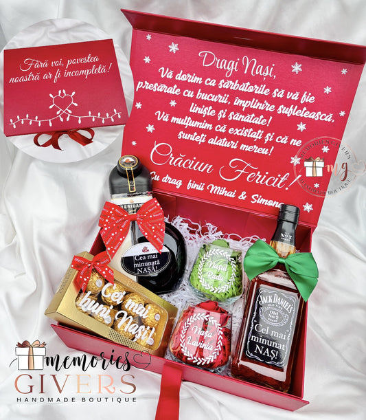 Cutie cu băuturi, pahare și ciocolată