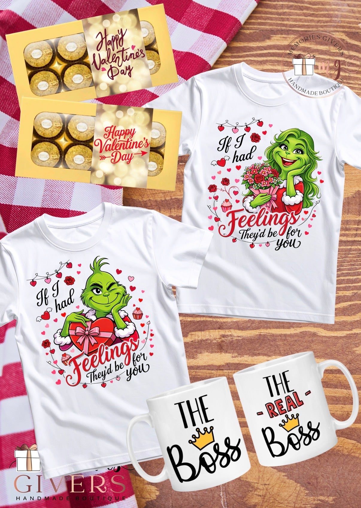 Set cu 2 tricouri, 2 căni & ciocolată/Prosecco