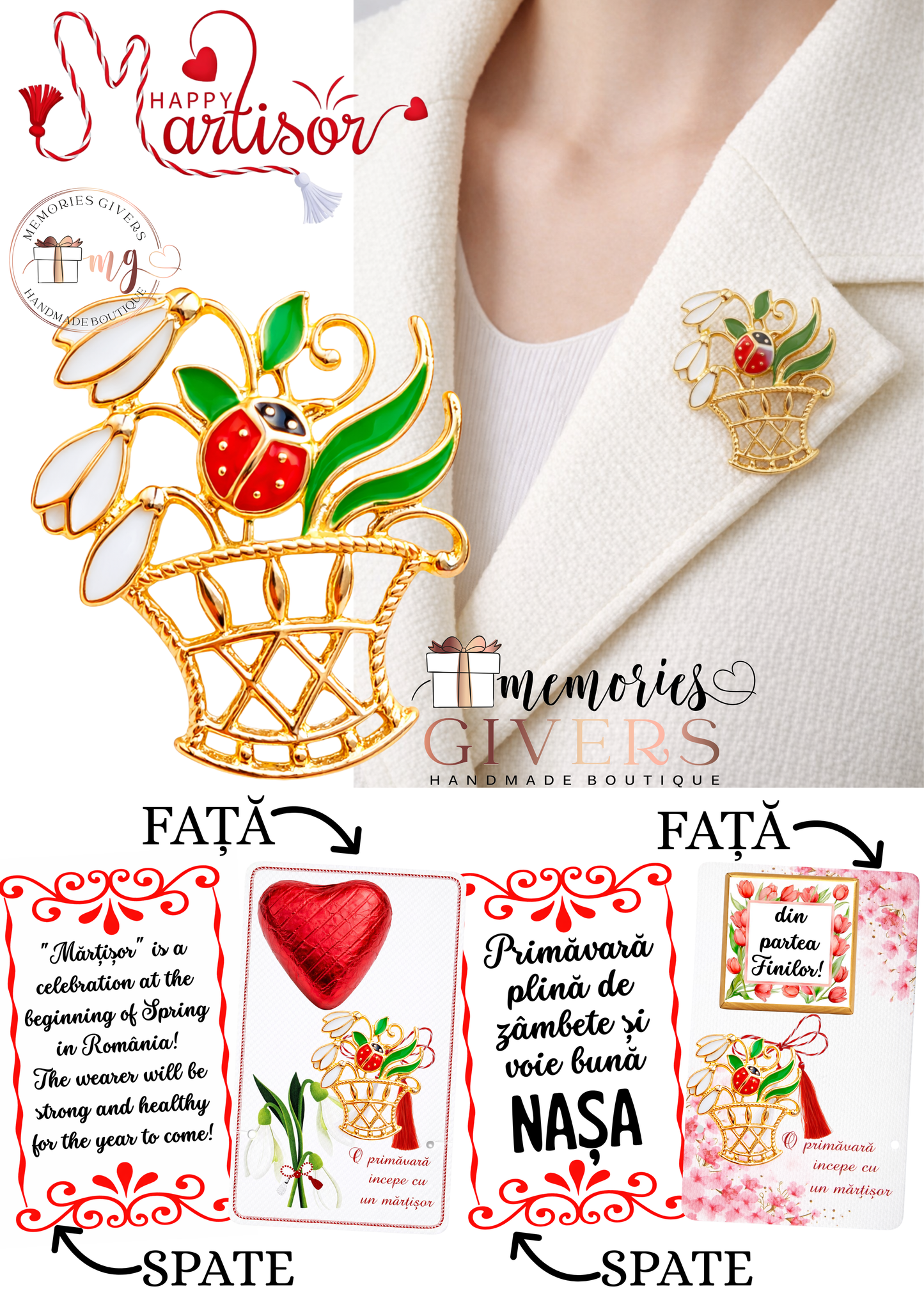 Broșă -COȘ GHIOCEI- cu sau fără mesaj pe spate și ciocolată