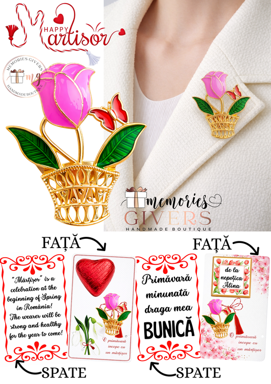 Broșă -LALEA ROZ- cu sau fără mesaj pe spate și ciocolată