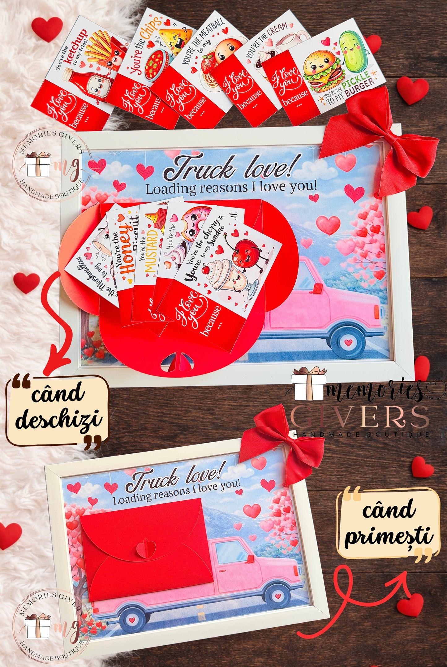 Tabloul A4 "TRUCK LOVE!" cu plic roșu și 10 motive pentru care te iubesc