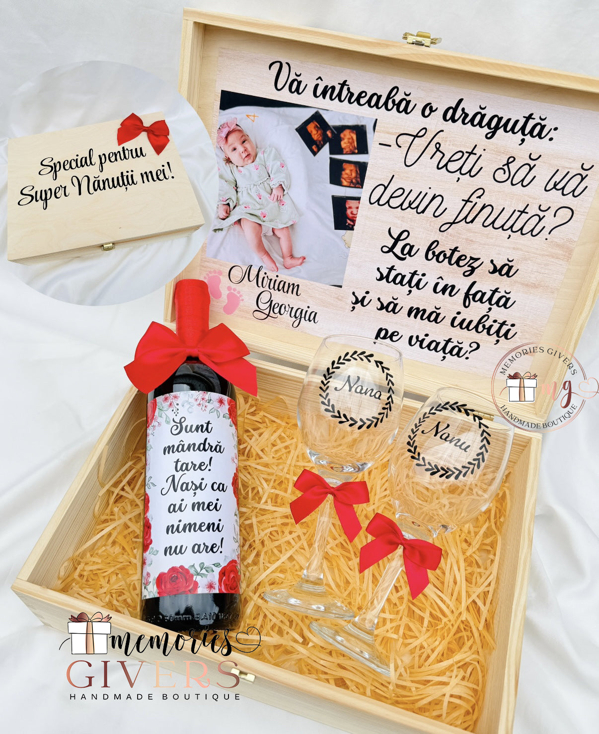 Cutie din lemn cu sticlă & pahare cu sau fără ciocolată