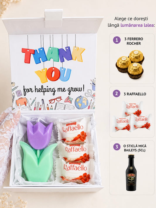 Cutiuță cu lumânare lalea mov, ciocolată sau mini Baileys