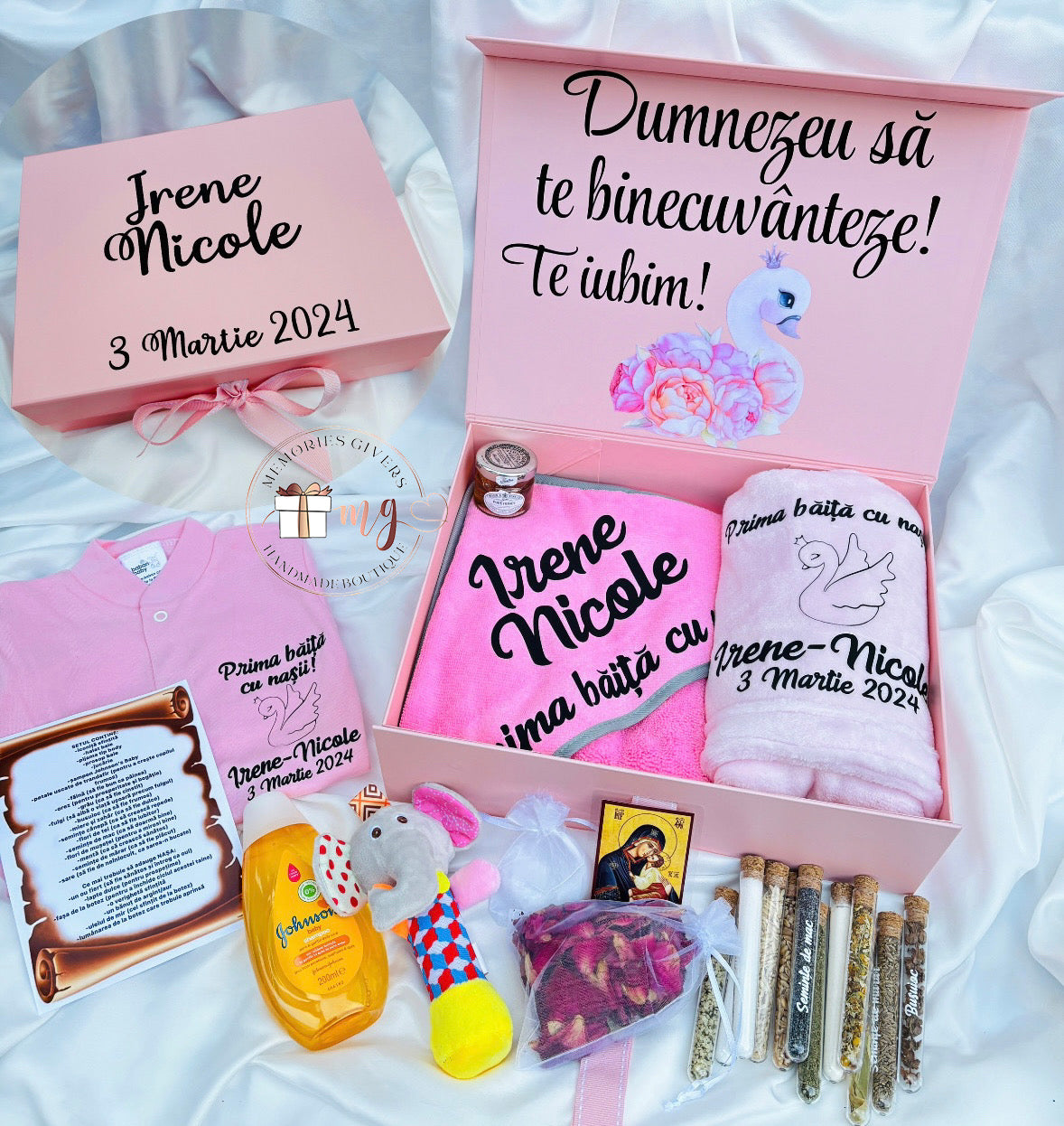 Set prima băiță după Botez roz cu hăinuțe personalizate