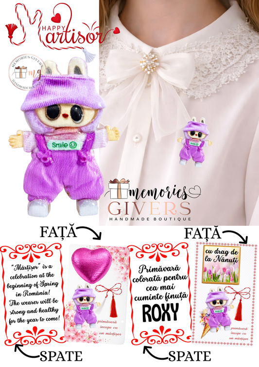 Broșă fetiță cu sau fără mesaj pe spate și ciocolată