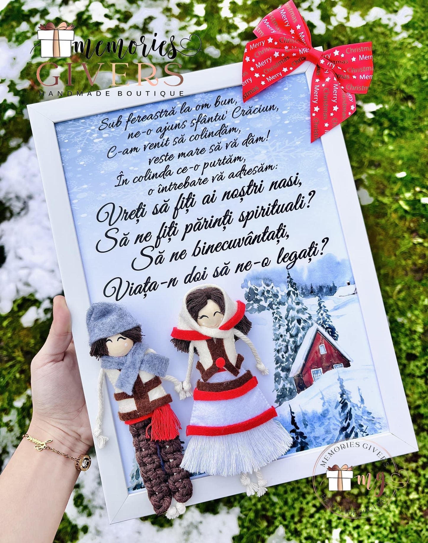 Tablou A4 cu mesaj/colind și păpușe lucrate manual (video după poze)