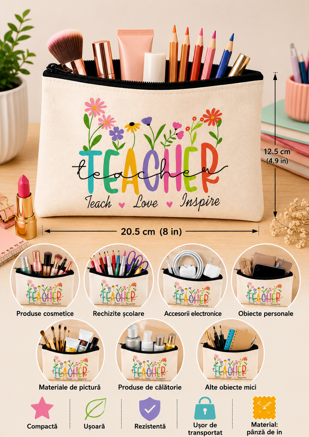 Gentuță practică pentru uz zilnic din pânză de in 20.5x12.5cm