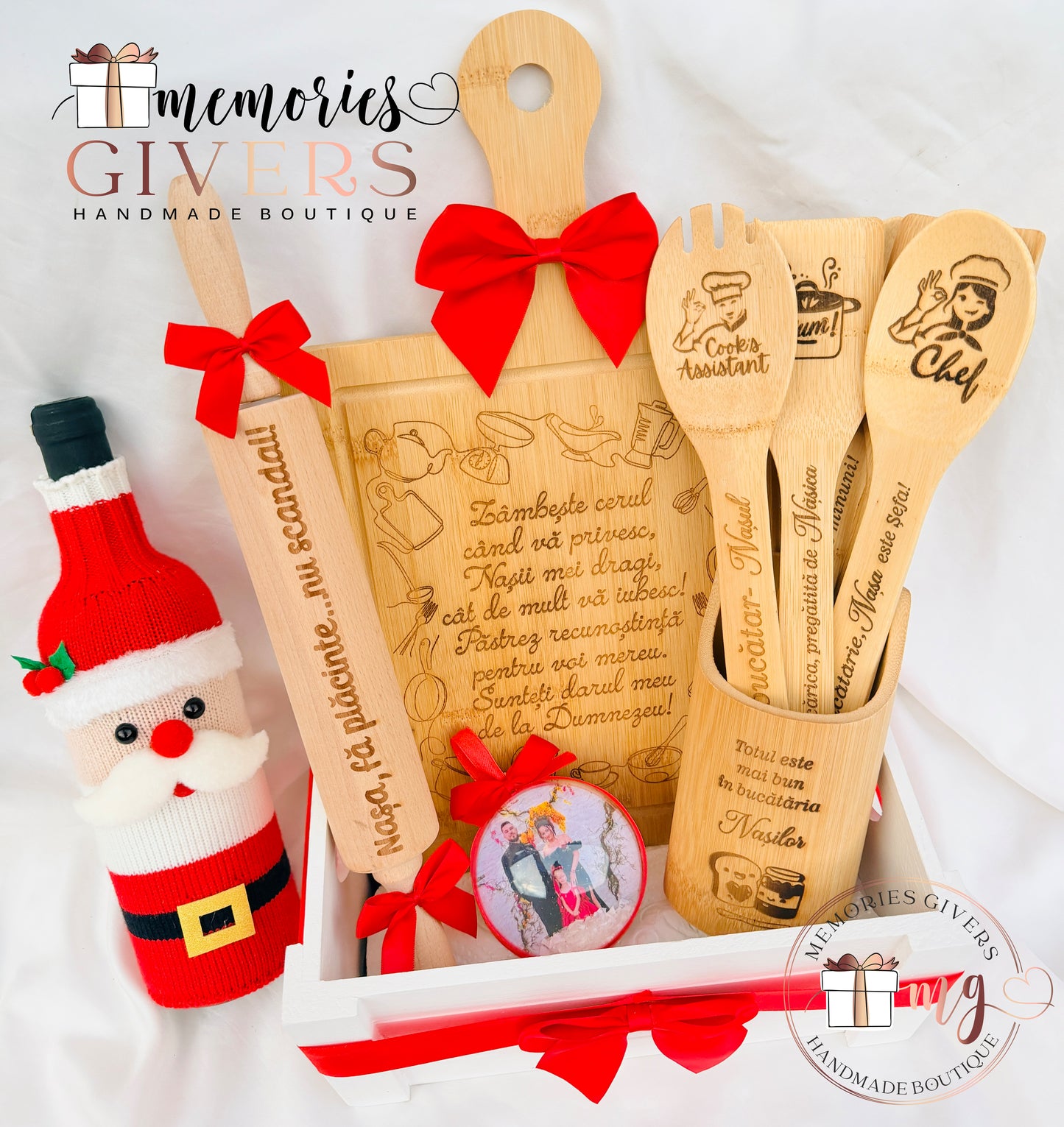 Set de bucătărie gravat din lemn pentru Nașii de Cununie/Botez sau Fini