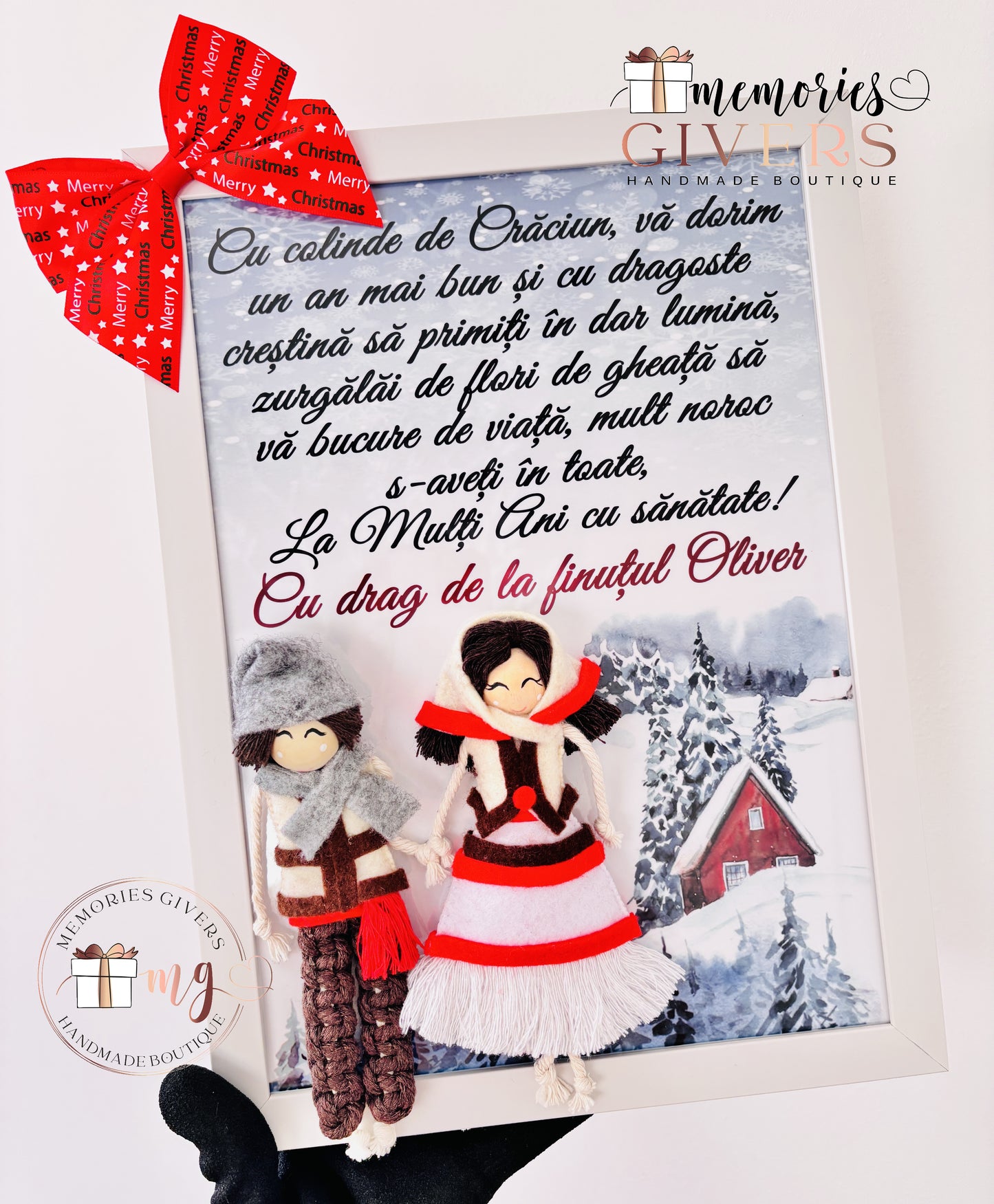 Tablou A4 cu mesaj/colind și păpușe lucrate manual (video după poze)