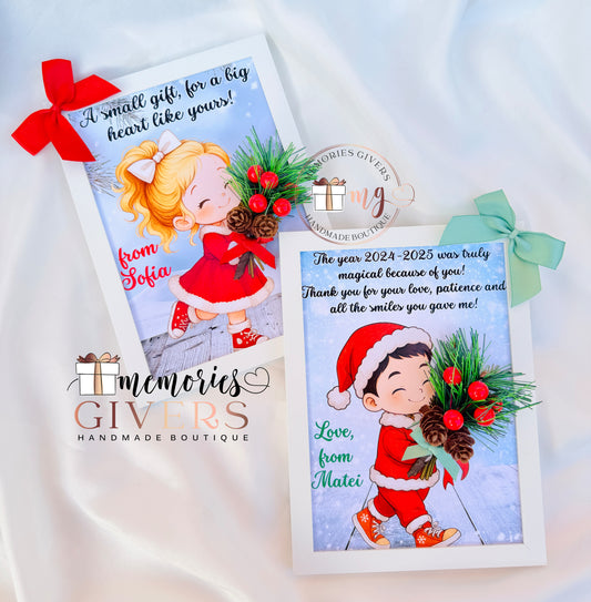 Tablou A5 18x13cm cu fetiță sau băiat și crenguță de brad