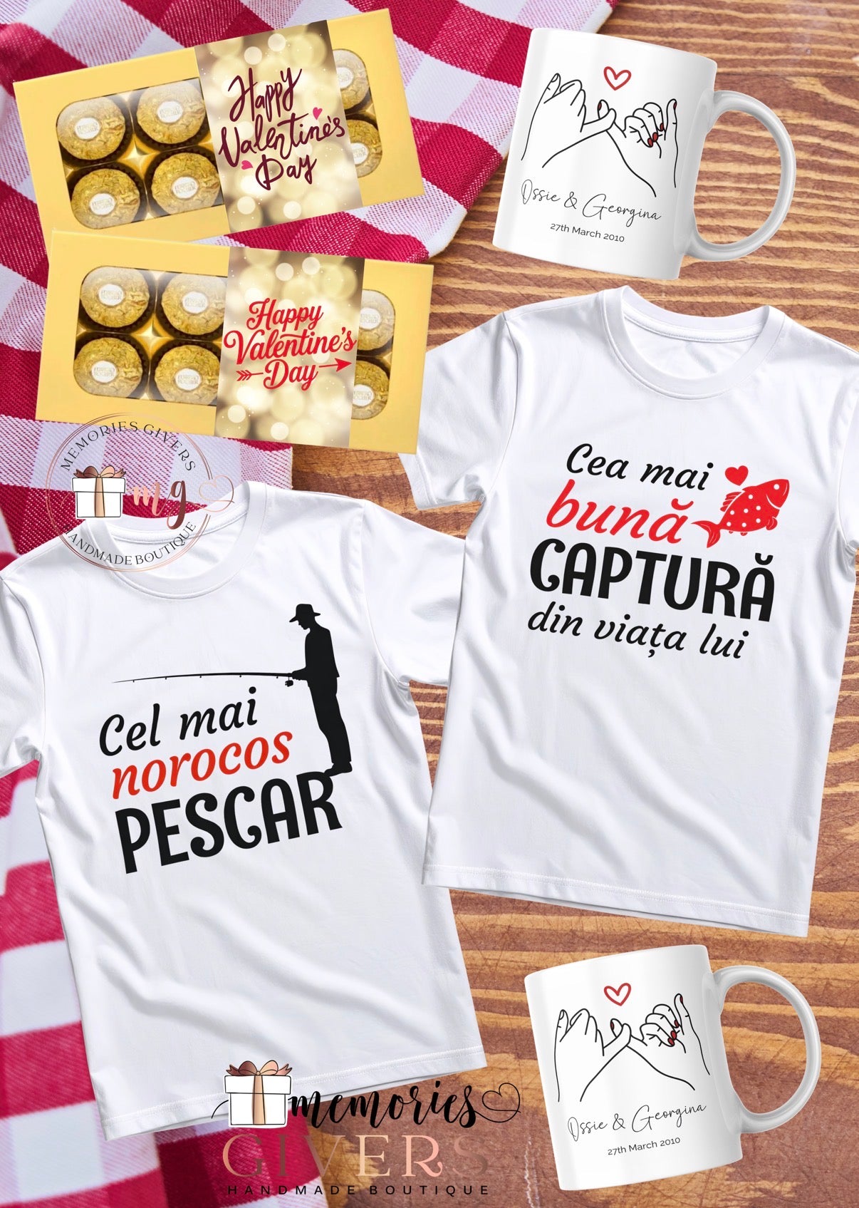 Set cu 2 tricouri, 2 căni & ciocolată/Prosecco
