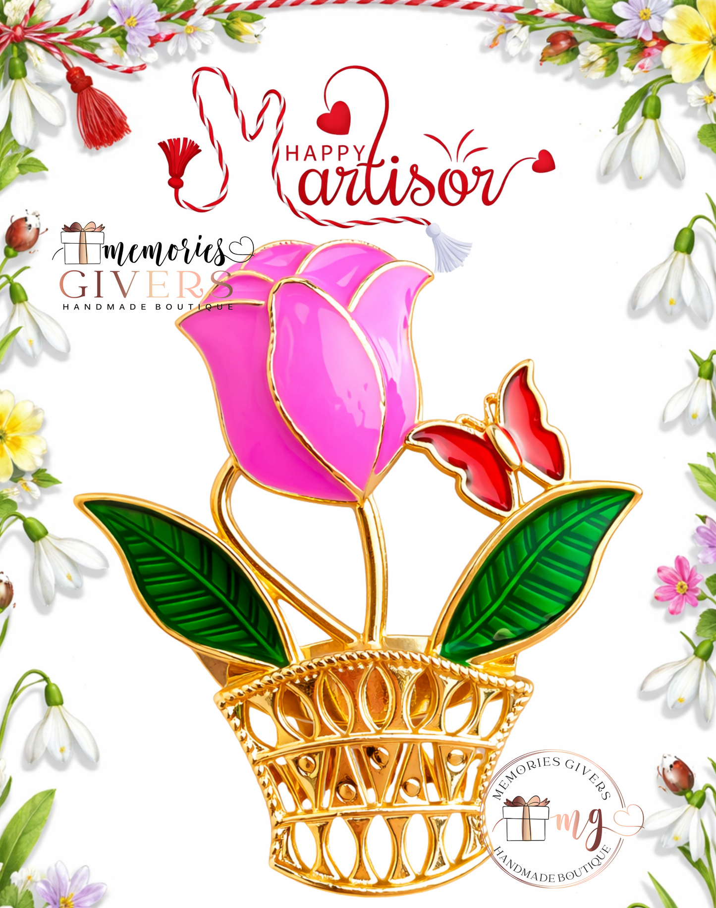 Broșă -LALEA ROZ- cu sau fără mesaj pe spate și ciocolată