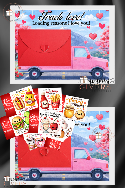 Tabloul A4 "TRUCK LOVE!" cu plic roșu și 10 motive pentru care te iubesc