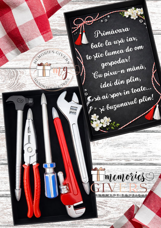 Cutie neagră cu 5 pixuri în formă de unelte