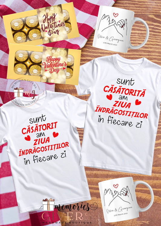 Set cu 2 tricouri, 2 căni & ciocolată/Prosecco