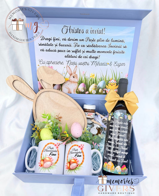 Cutie cu sticlă, 2 căni & platou lemn iepuraș