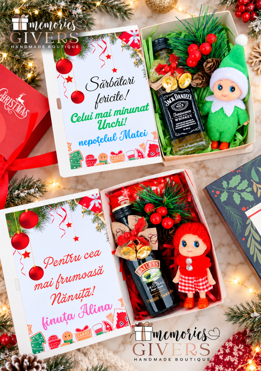 Cutie în formă de carte cu mini-băutură și păpușică