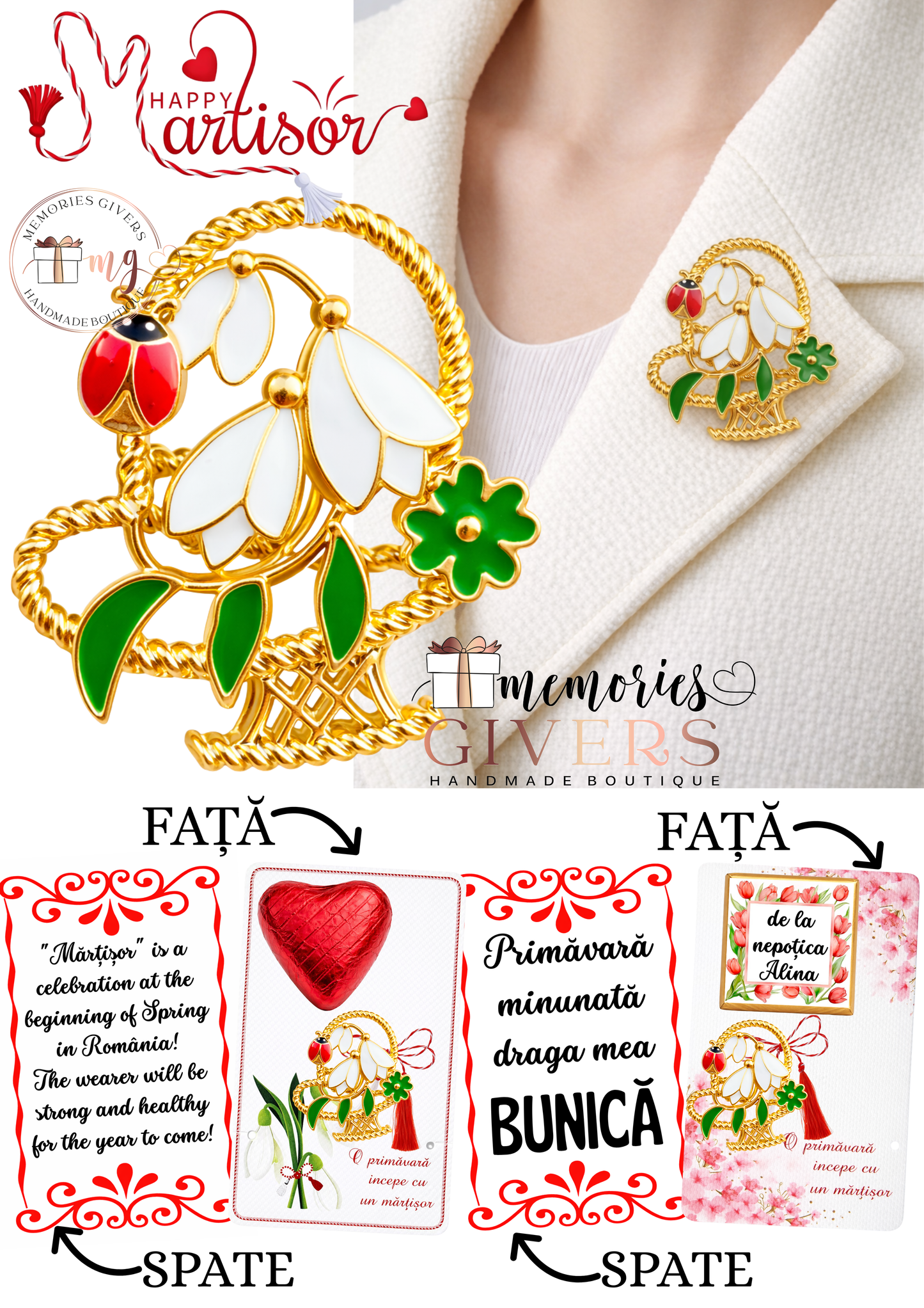 Broșă -COȘ GHIOCEI- cu sau fără mesaj pe spate și ciocolată