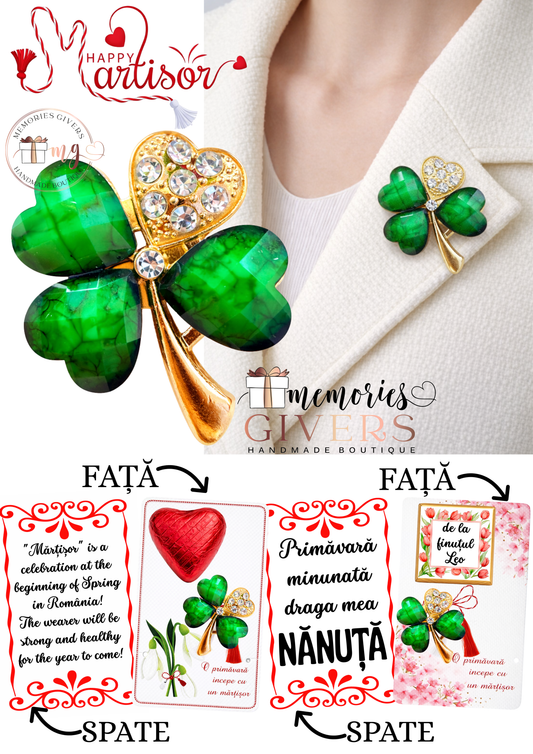 Broșă -TRIFOI- cu sau fără mesaj pe spate și ciocolată