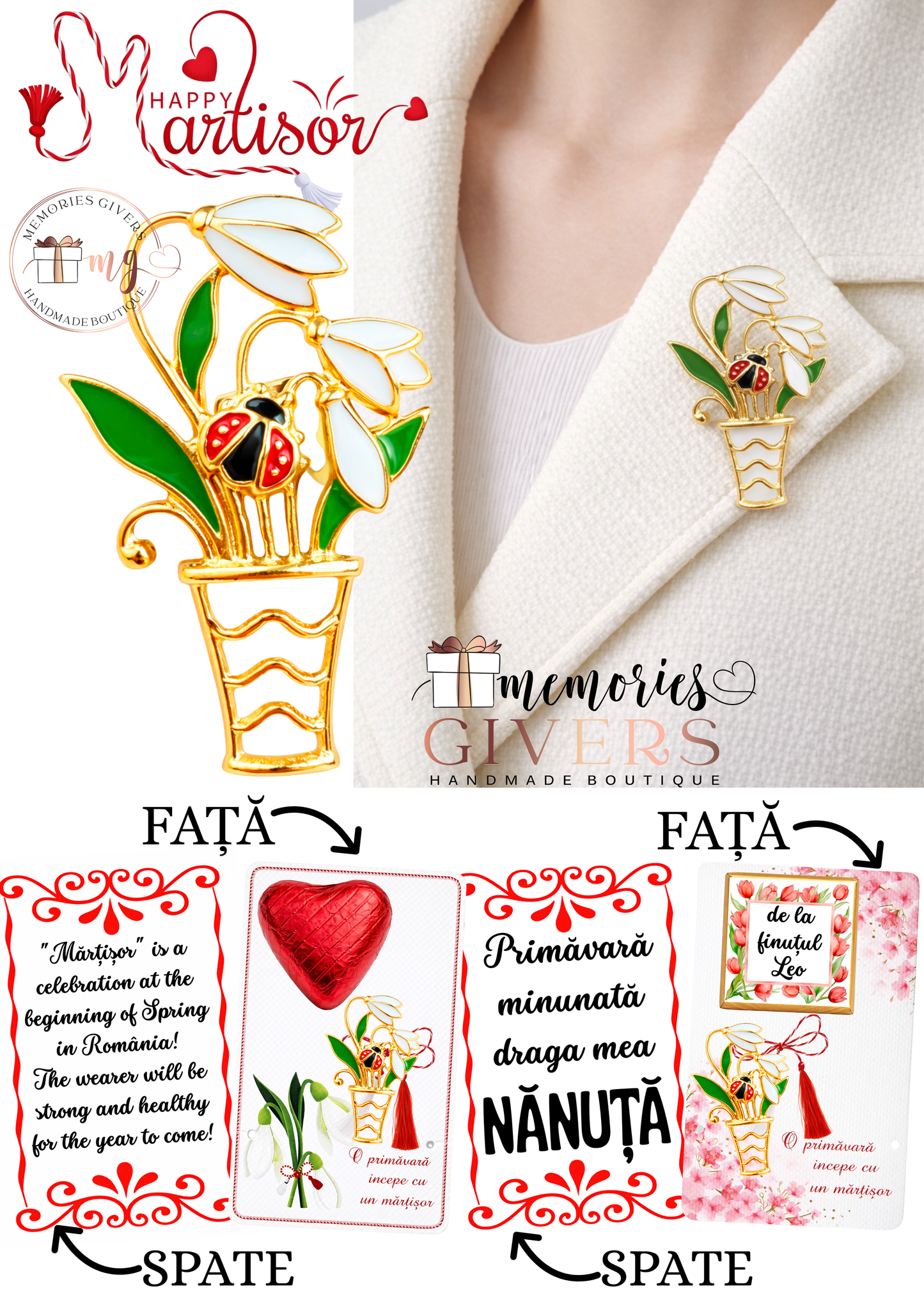 Broșă -VAZĂ GHIOCEI- cu sau fără mesaj pe spate și ciocolată