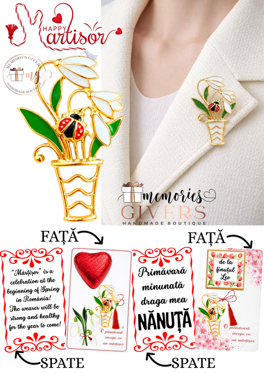 Broșă -VAZĂ GHIOCEI- cu sau fără mesaj pe spate și ciocolată