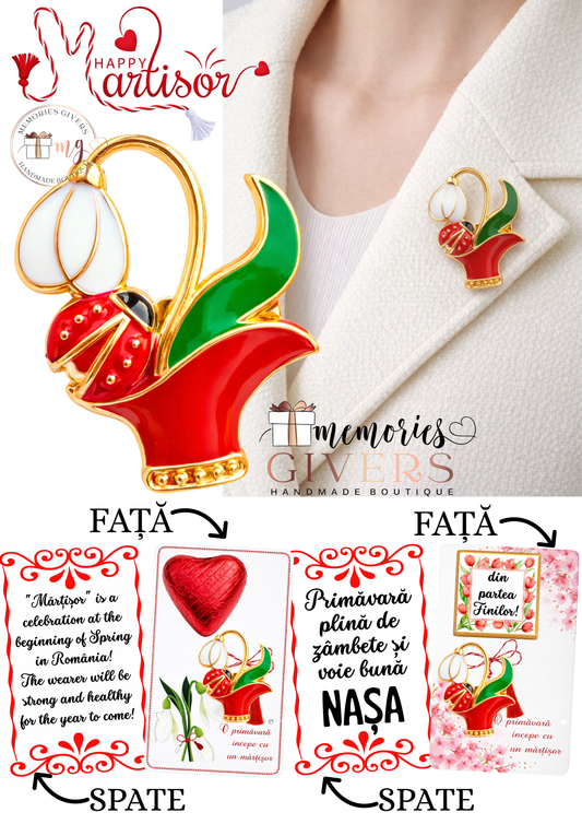 Broșă -GHIOCEL în VAZĂ- cu sau fără mesaj pe spate și ciocolată