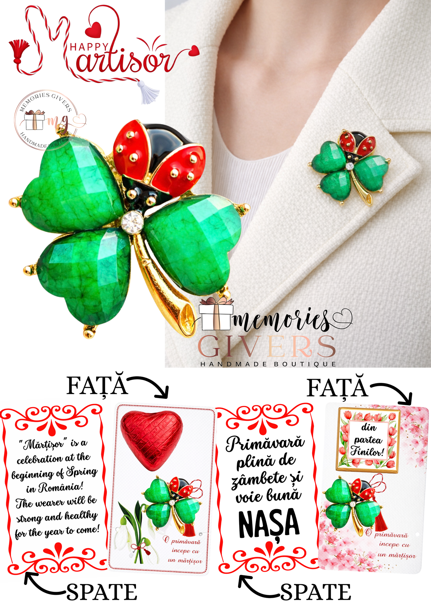 Broșă -TRIFOI & BUBURUZĂ- cu sau fără mesaj pe spate și ciocolată