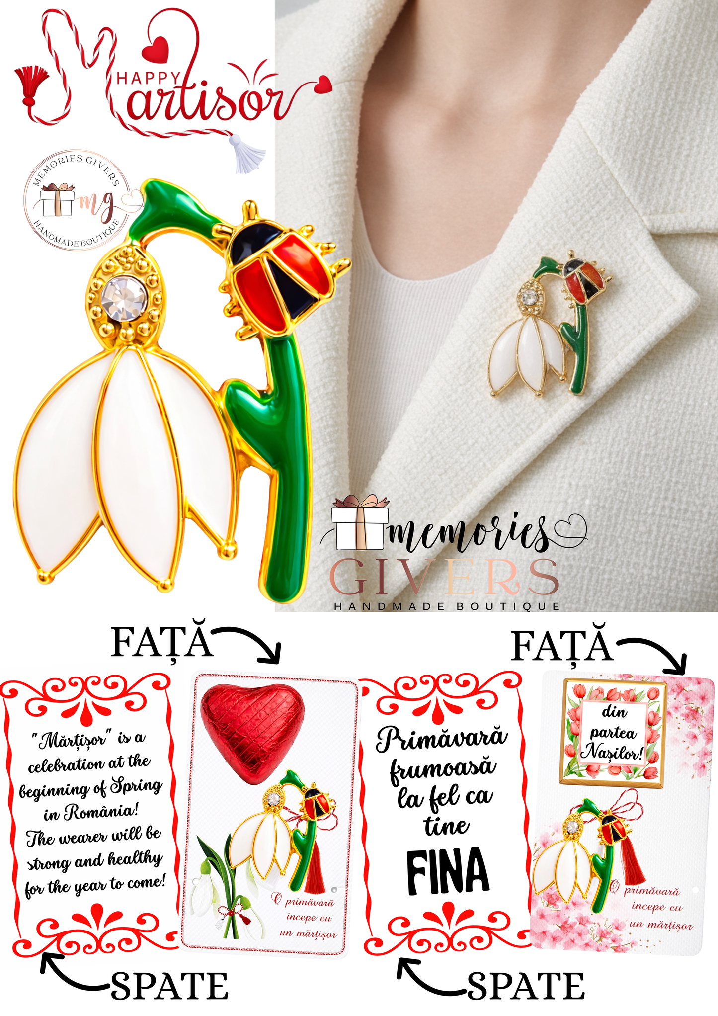 Broșă -COȘ GHIOCEI- cu sau fără mesaj pe spate și ciocolată