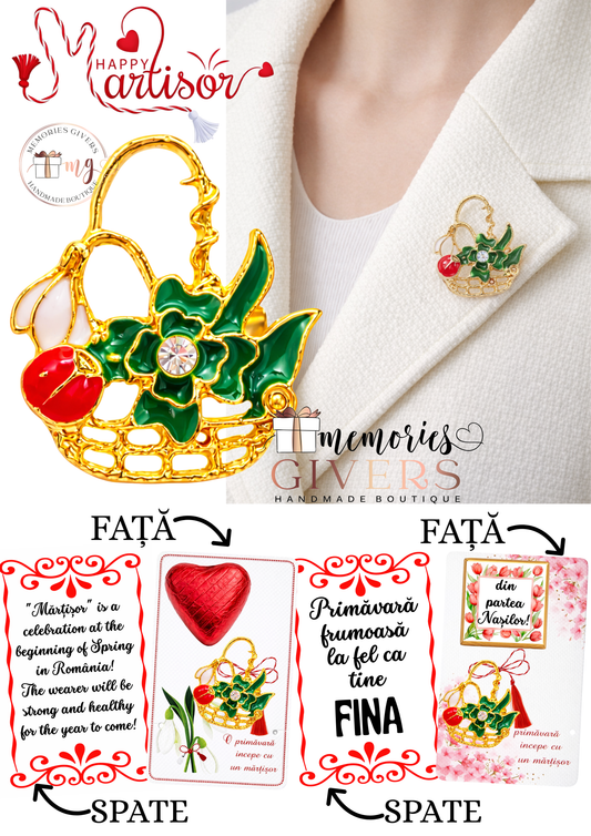 Broșă -GHIOCEL & TRIFOI- cu sau fără mesaj pe spate și ciocolată