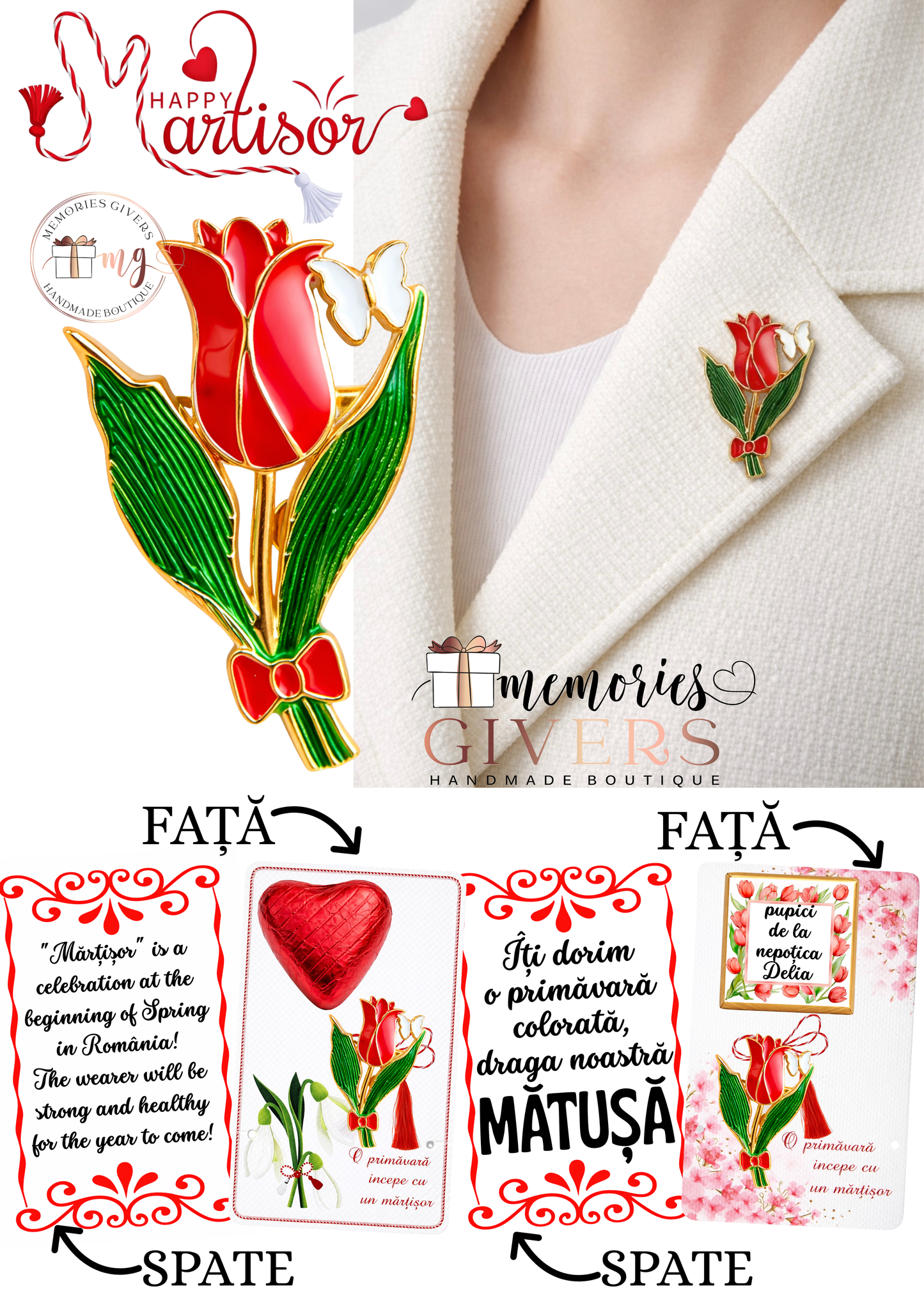 Broșă -LALEA ROȘIE- cu sau fără mesaj pe spate și ciocolată