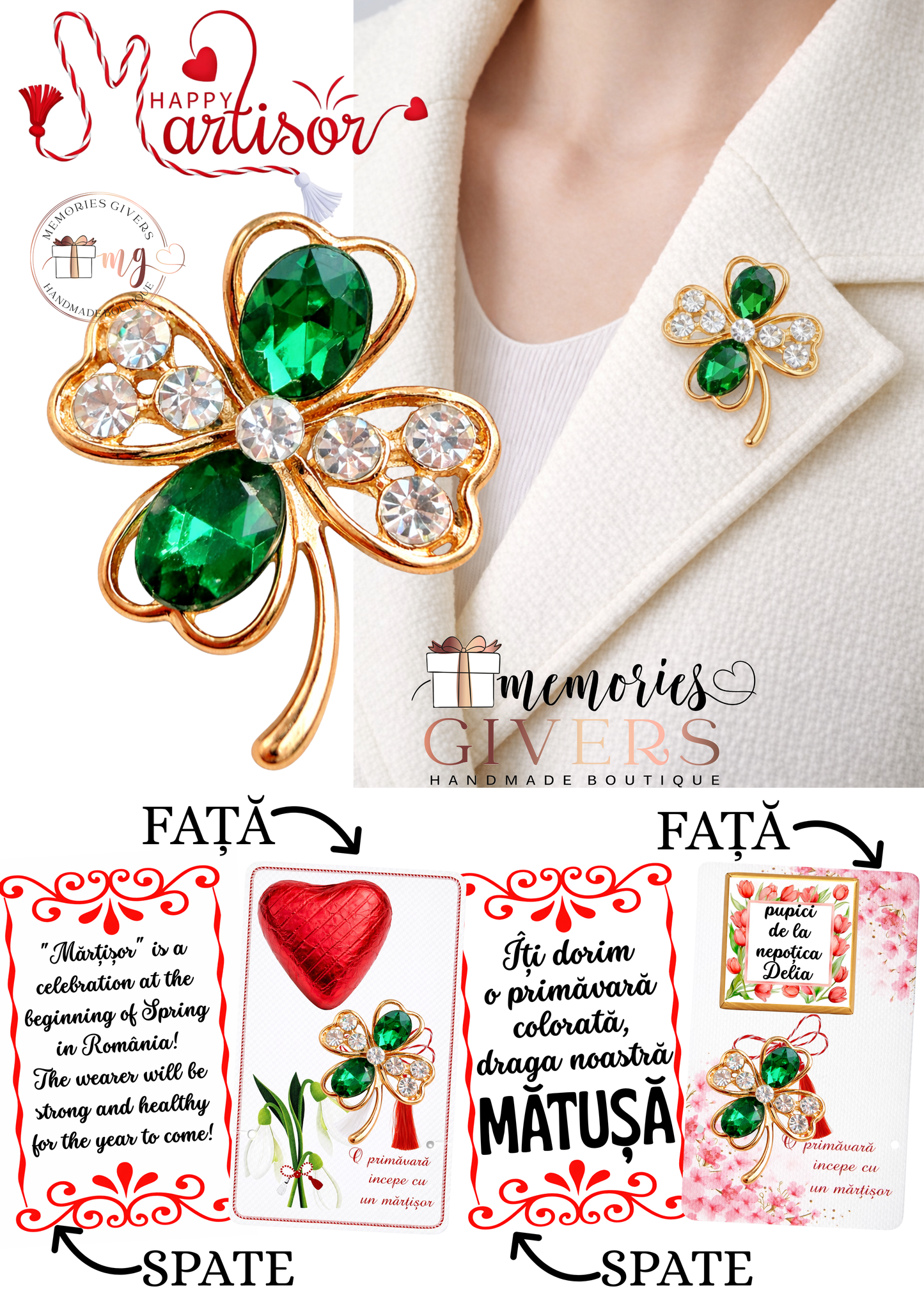 Broșă -TRIFOI- cu sau fără mesaj pe spate și ciocolată