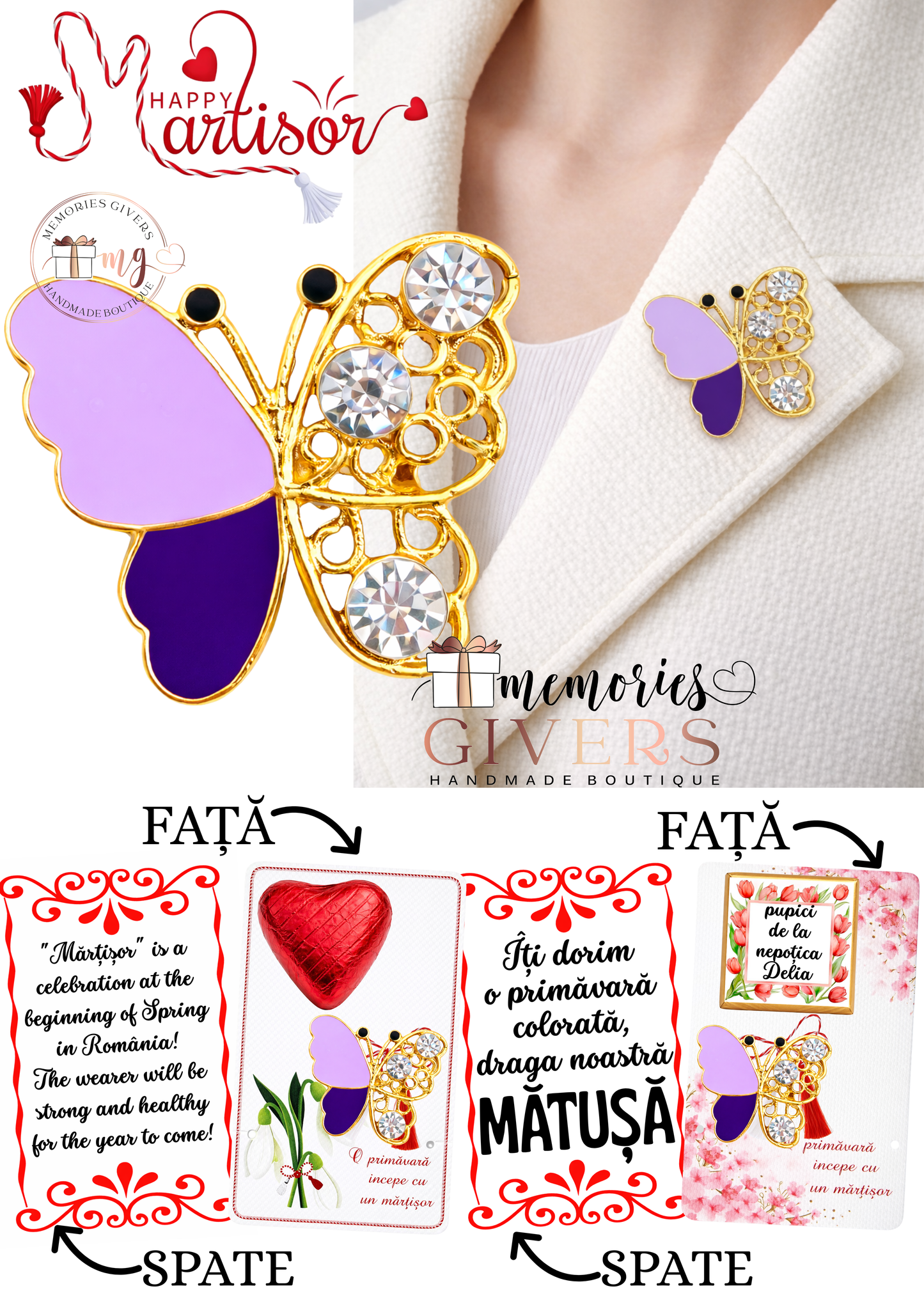 Broșă -FLUTURAȘ- cu sau fără mesaj pe spate și ciocolată