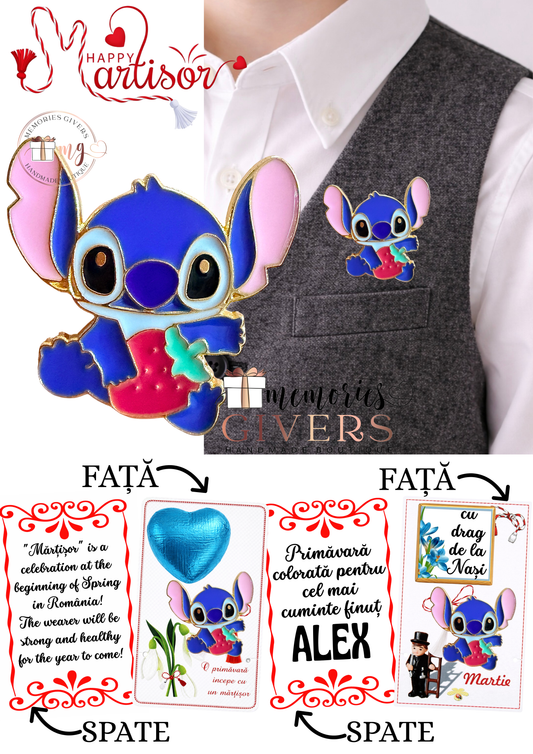 Broșă -STITCH- cu sau fără mesaj pe spate și ciocolată