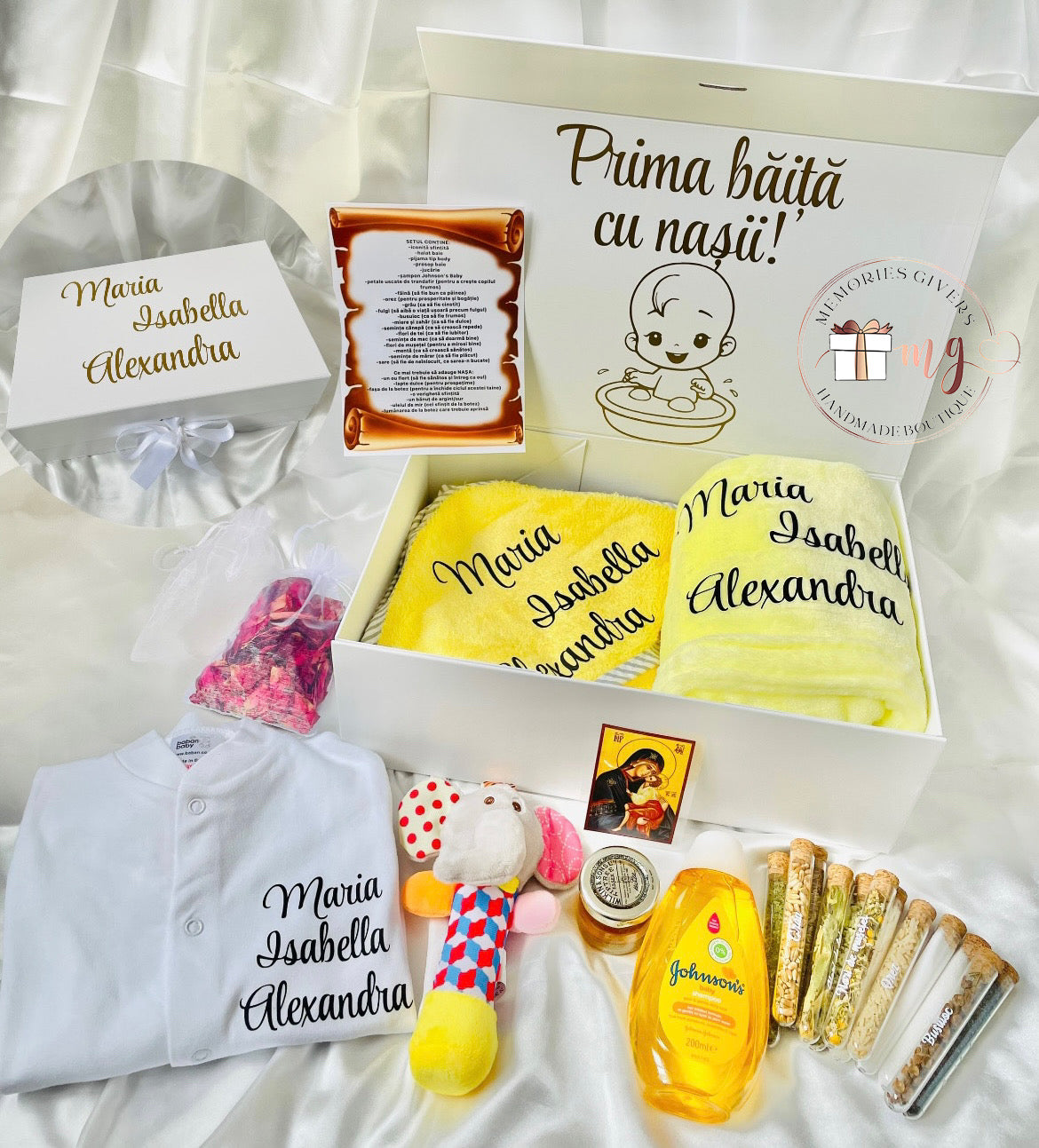 Set prima băiță după Botez alb și galben cu hăinuțe personalizate