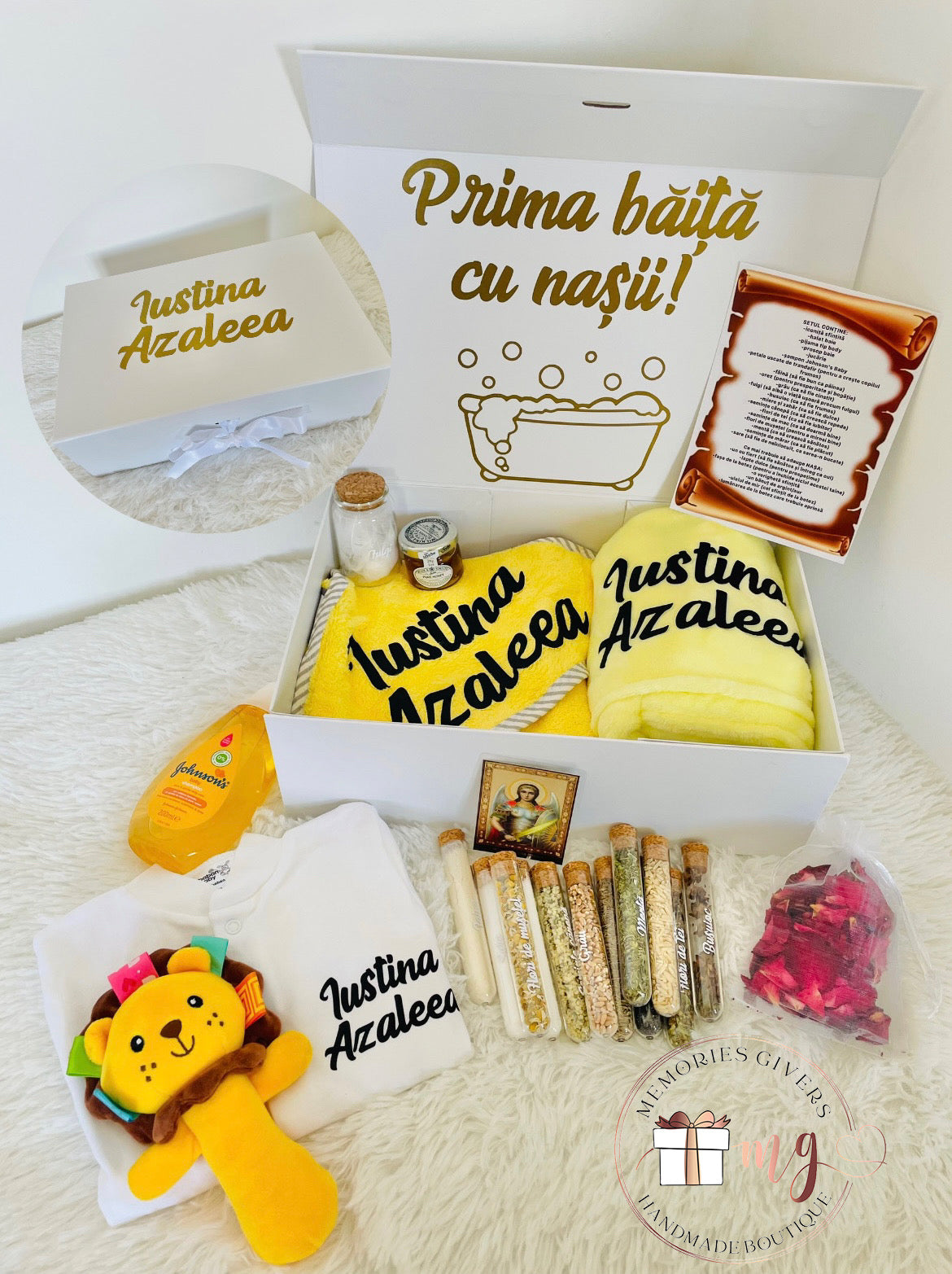 Set prima băiță după Botez alb și galben cu hăinuțe personalizate