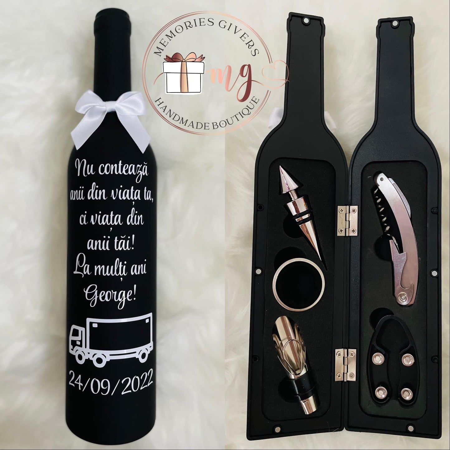 Set în formă de sticlă cu 5 accesorii pt vin în interior