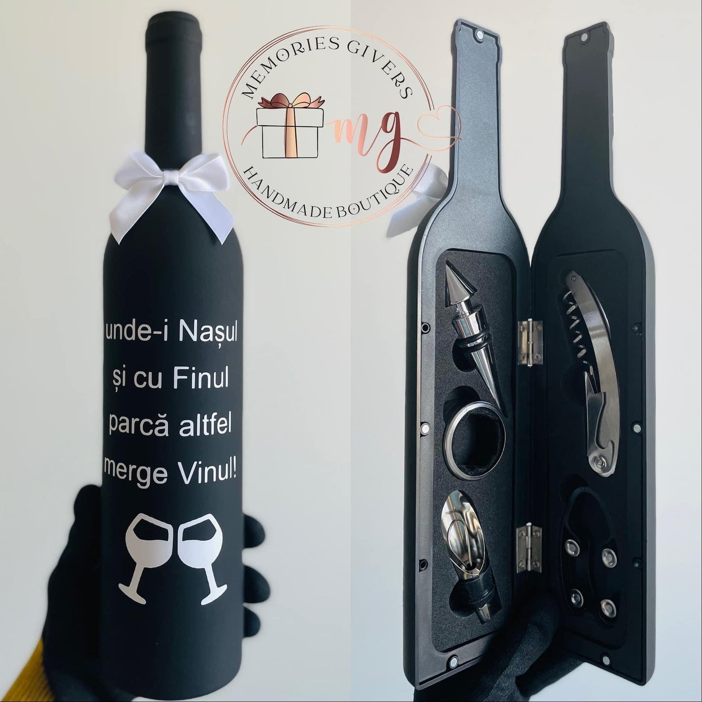 Set în formă de sticlă cu 5 accesorii pt vin în interior